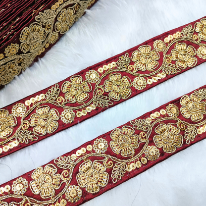 Maroon Floral Embellished Trim