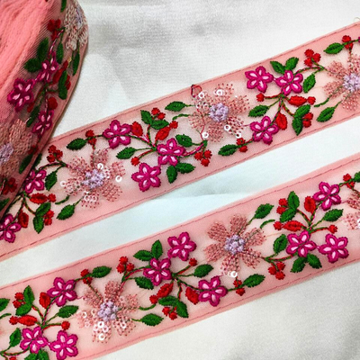 Peach Multicolor Floral Embroidered Trim