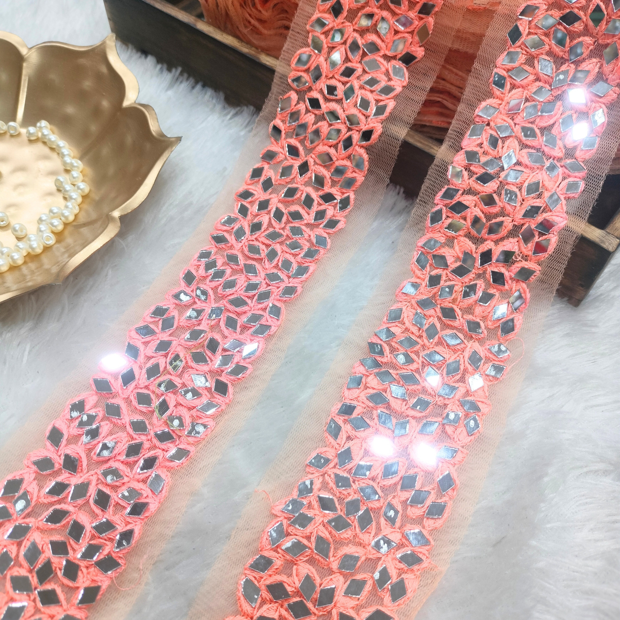 Coral Peach Mirror Embroidered Lace