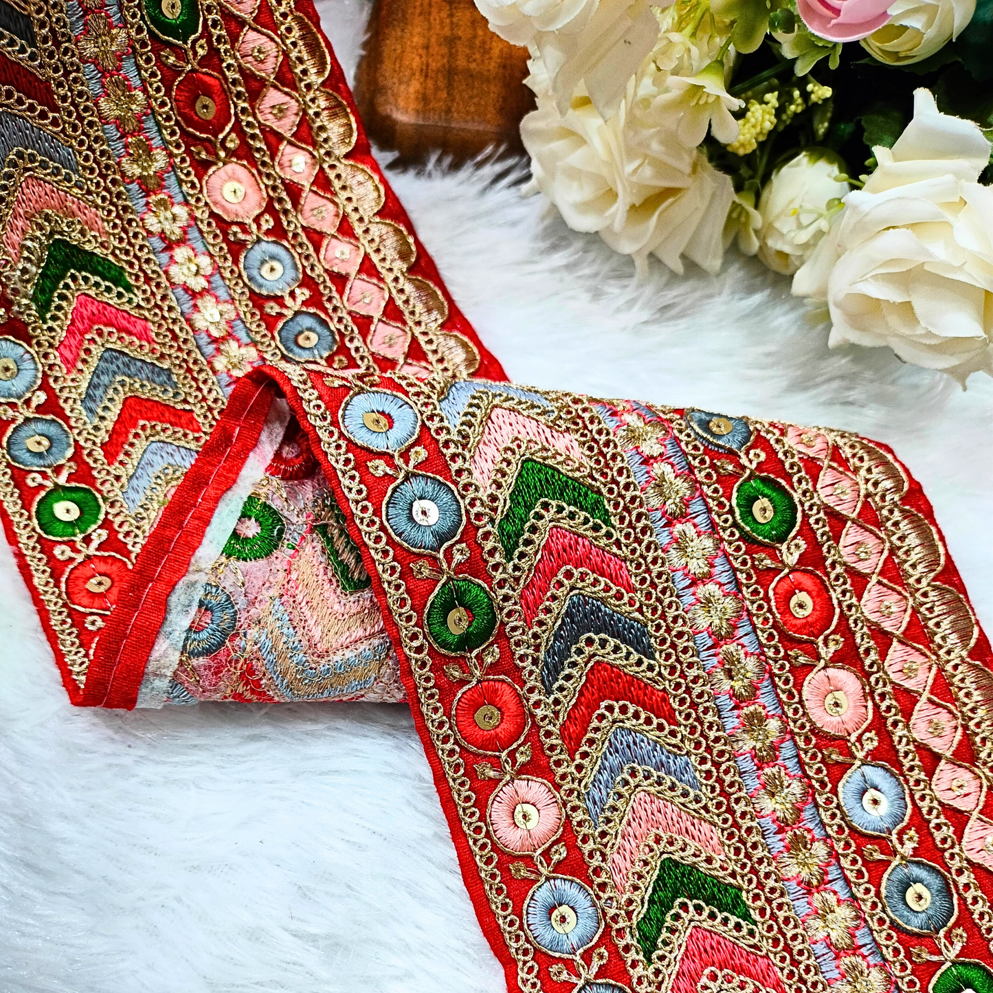 Vibrant Red Base Multicolor Embroidery Lace Trim