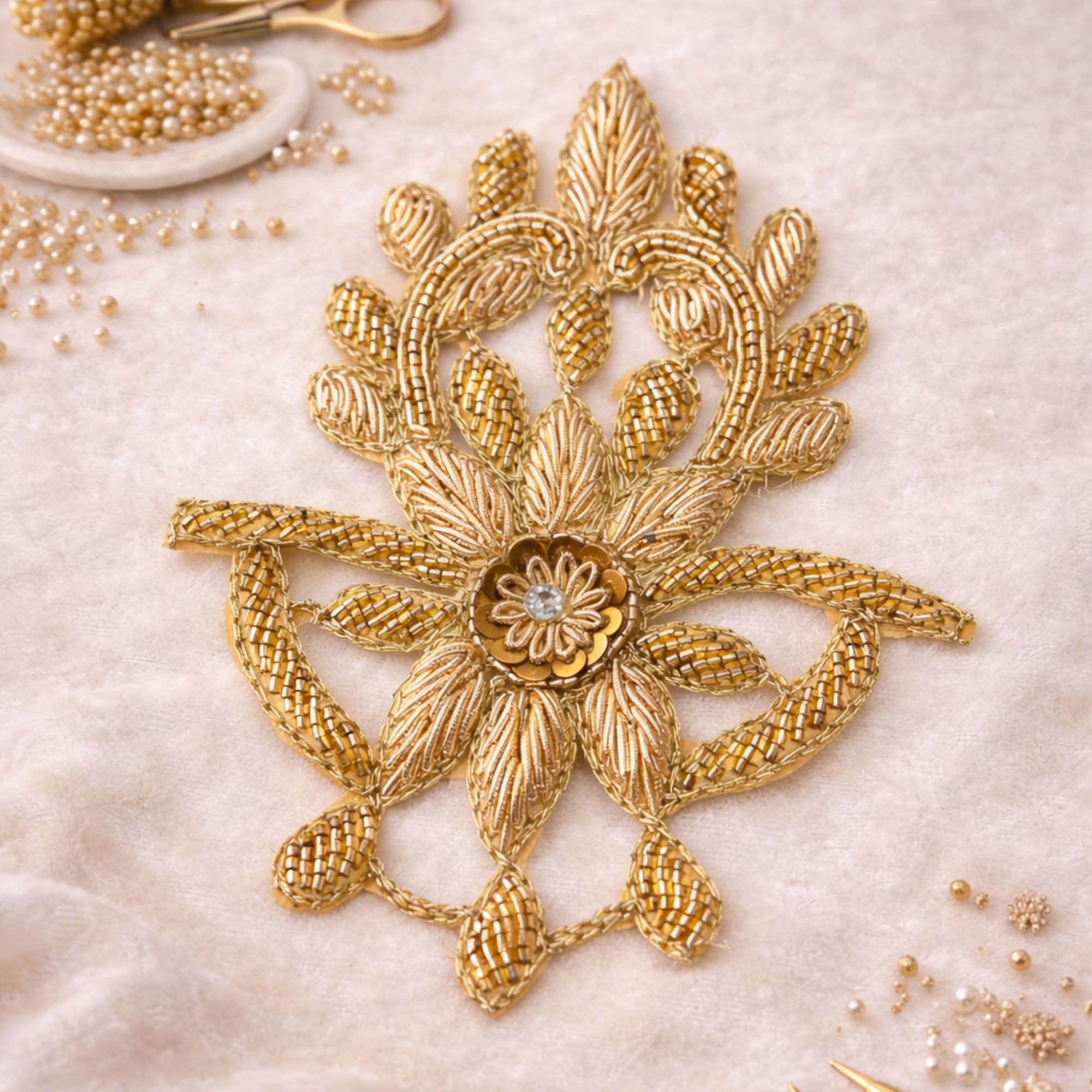 Gold Cutwork Floral Patch with Bead Embroidery
