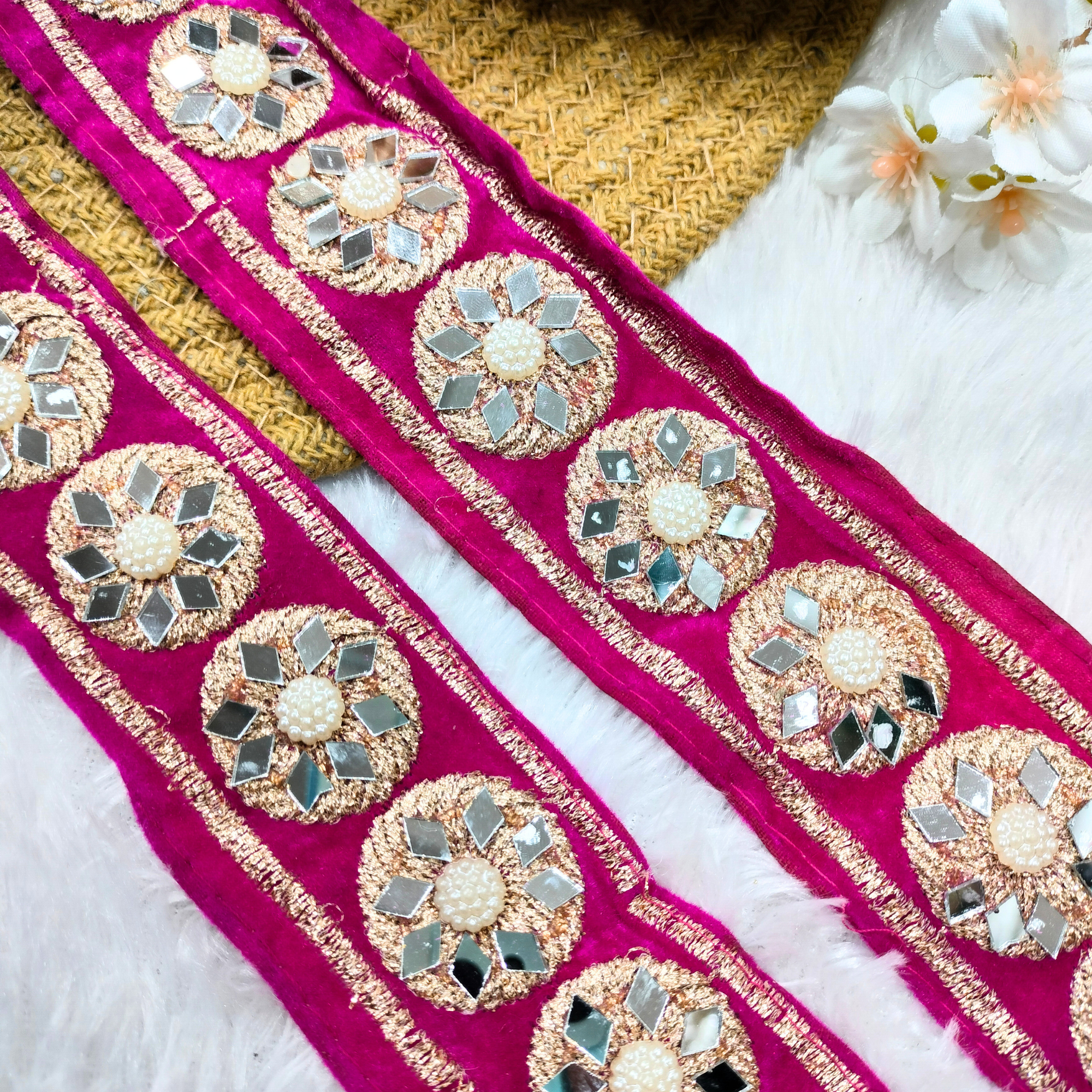 Magenta Velvet Mirror & Pearl Floral Lace