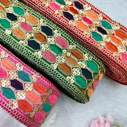 Green Multicolor Embroidery Work Lace