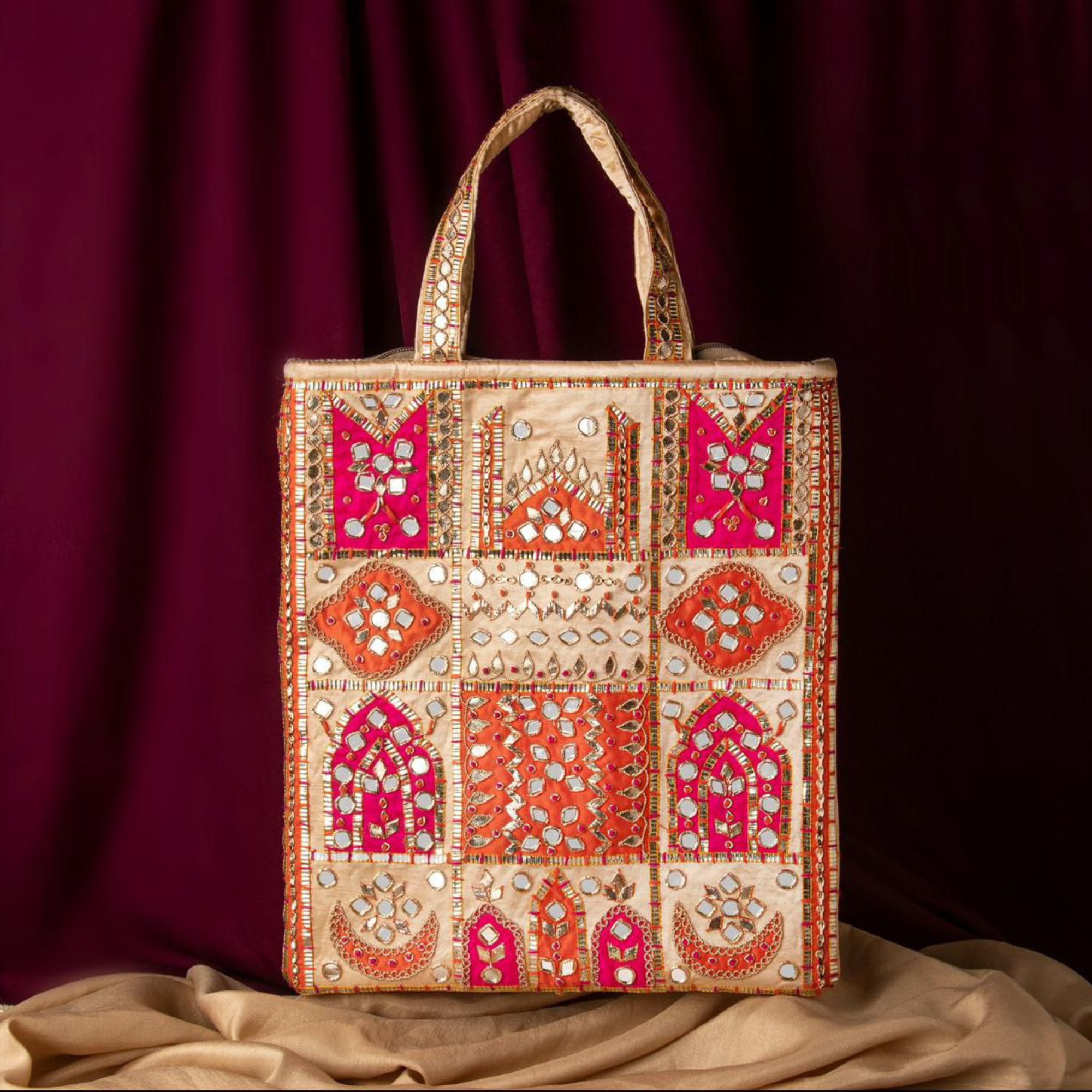 Orange & Pink Mirror Work Tote Bag