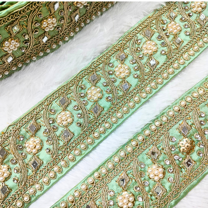 Pista Green Fancy Pearl and Mirror Trim