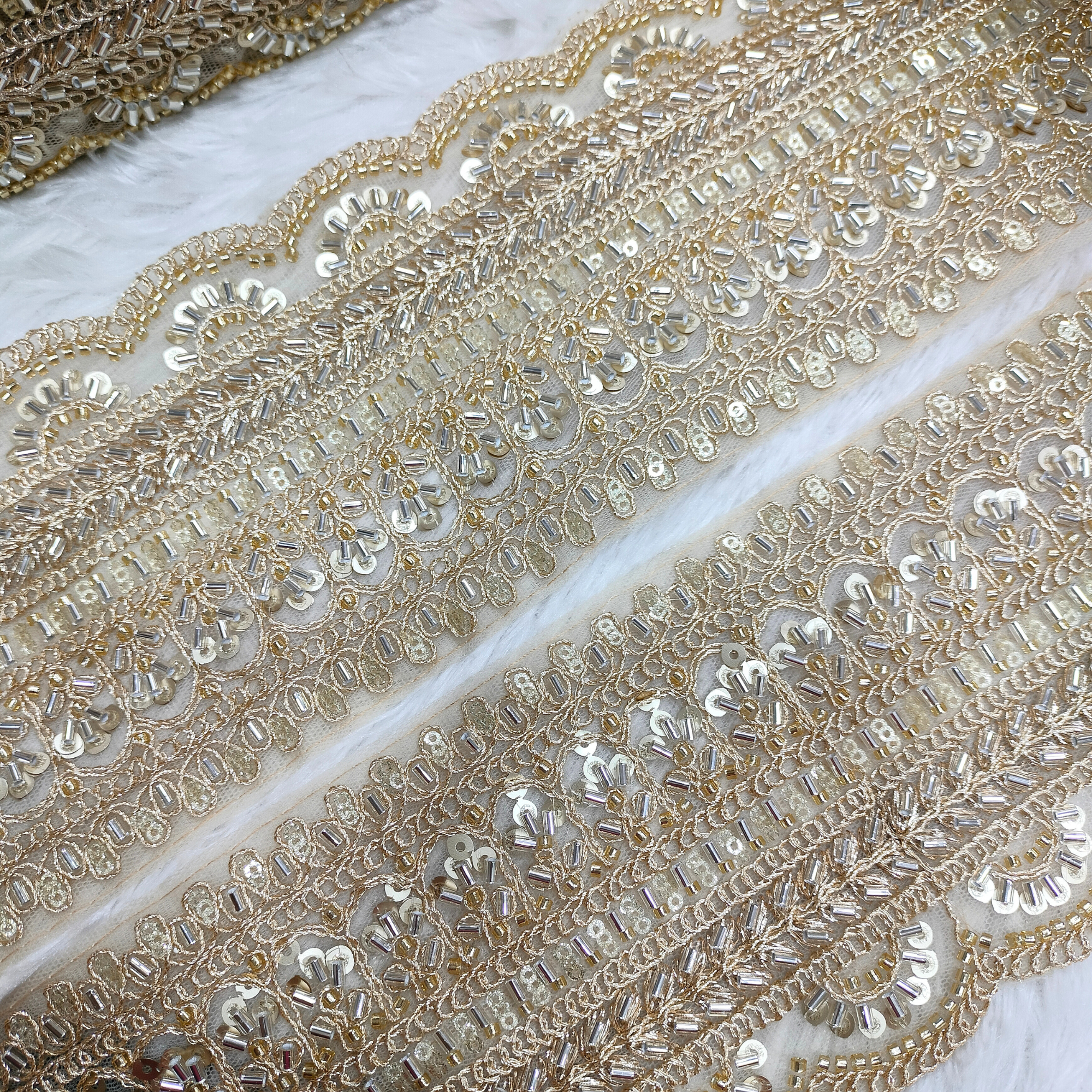 Heavy Embroidered Cutwork Lace Trim with Sequins & Beads