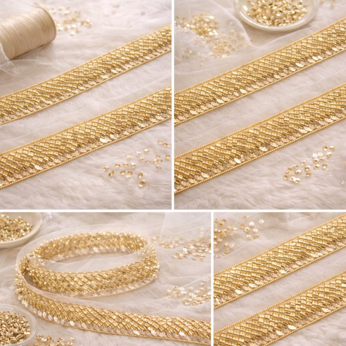 Gold Beaded Sequin Linear Lace
