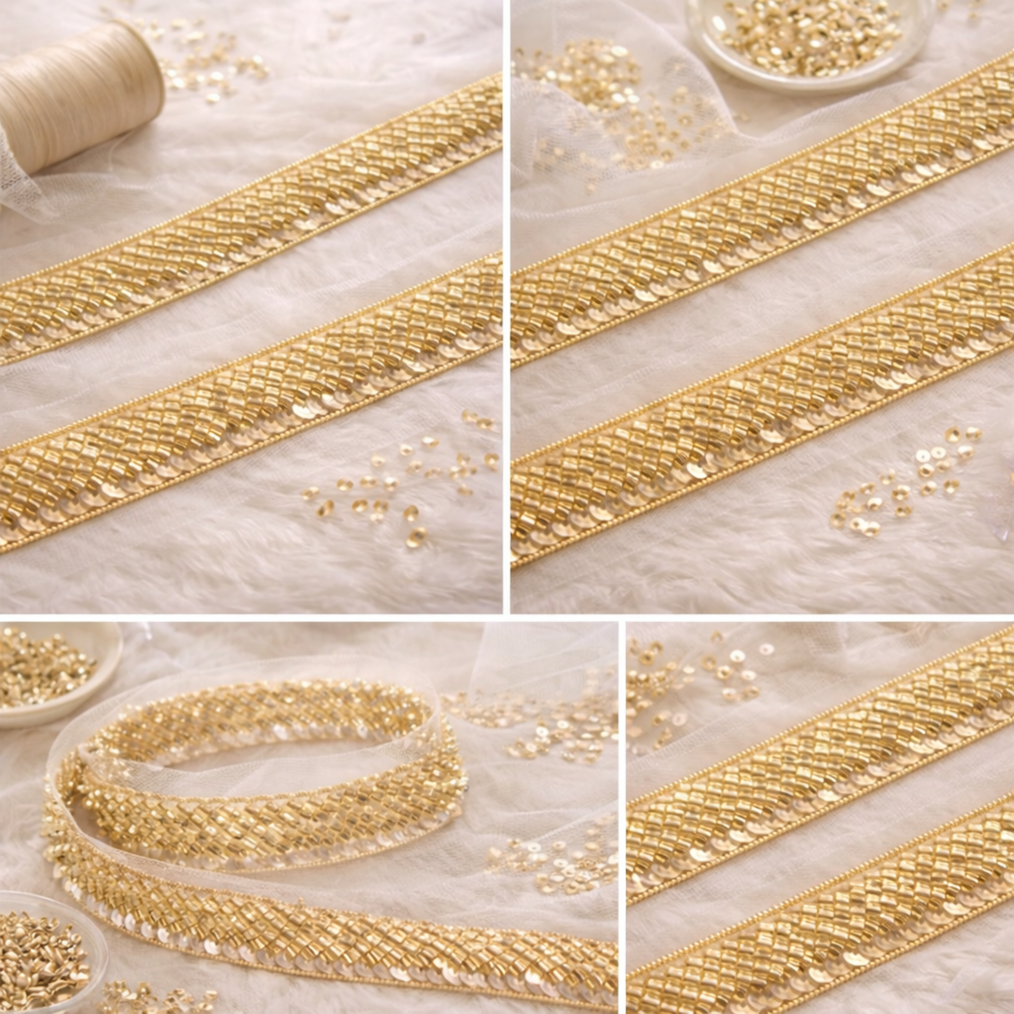 Gold Beaded Sequin Linear Lace