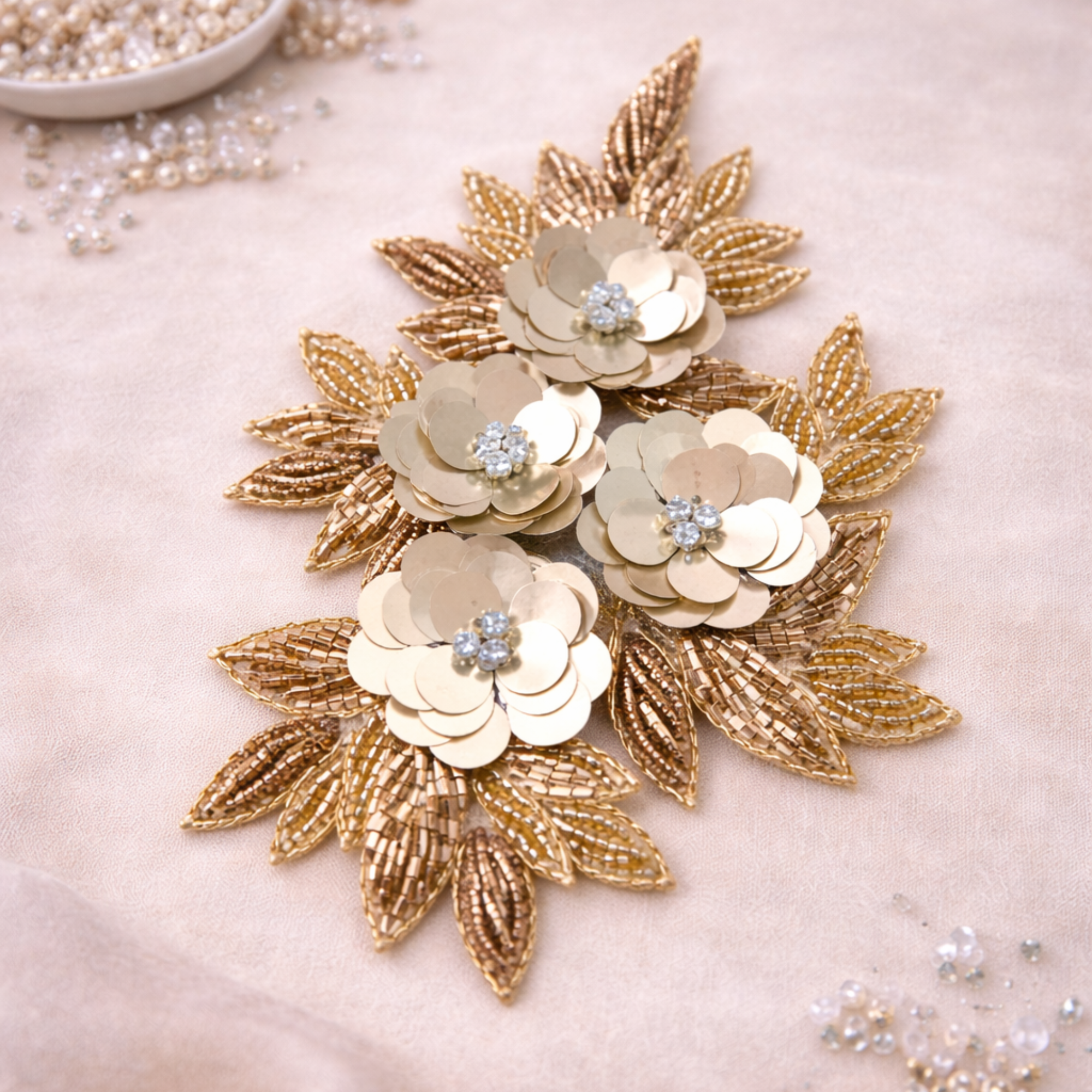 Gold Sequin Floral Cluster Patch with Beaded Leaves
