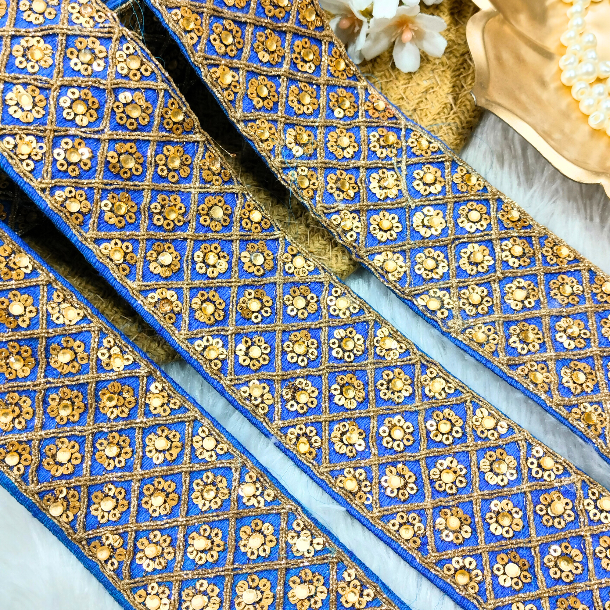 Royal Blue Floral Gold Sequin Lace