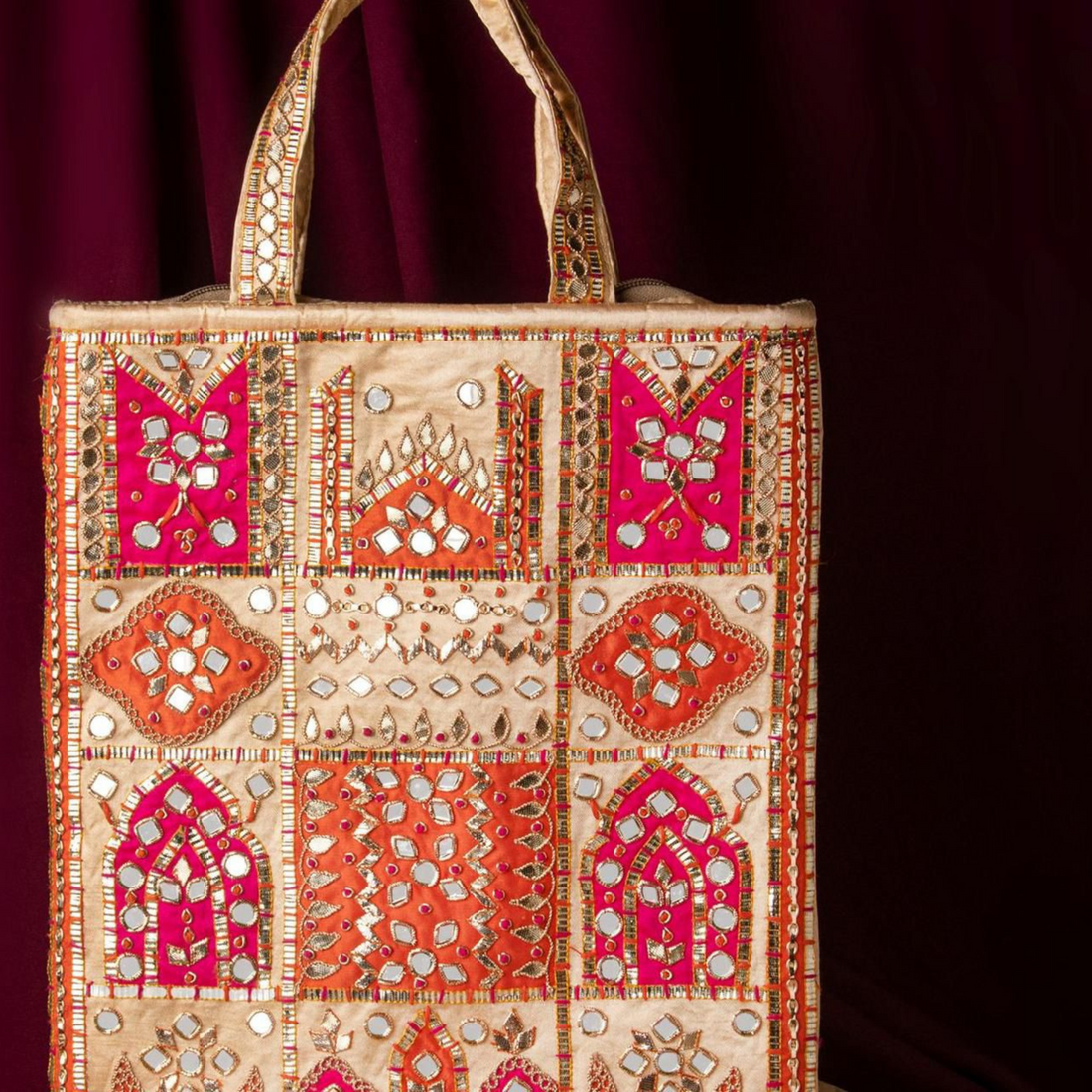 Orange & Pink Mirror Work Tote Bag