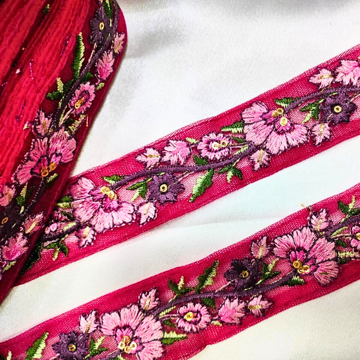 Pink Floral Embroidered Trim with Multicolor Accents