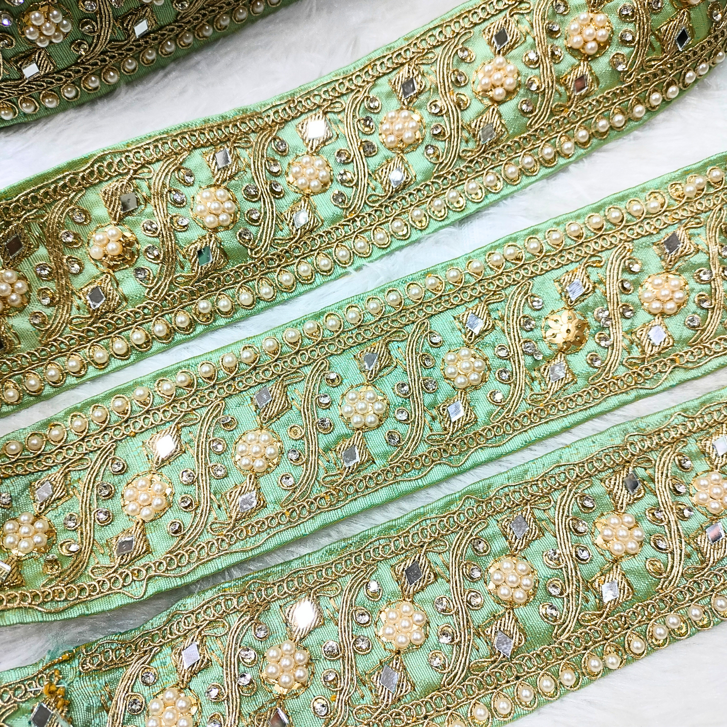 Pista Green Fancy Pearl and Mirror Trim