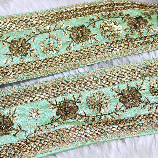 Sea Green Fancy Sequence Zari Trim