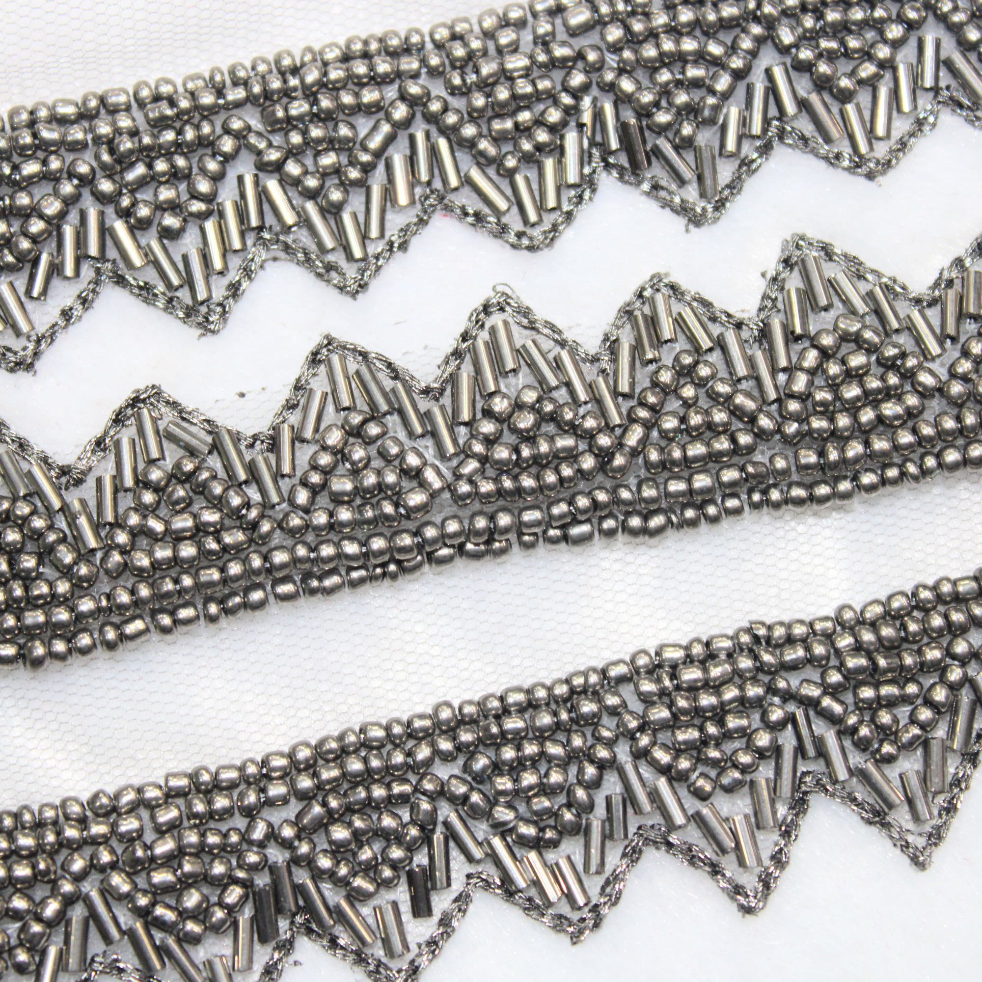 Grey Triangle Cut Beadwork Lace