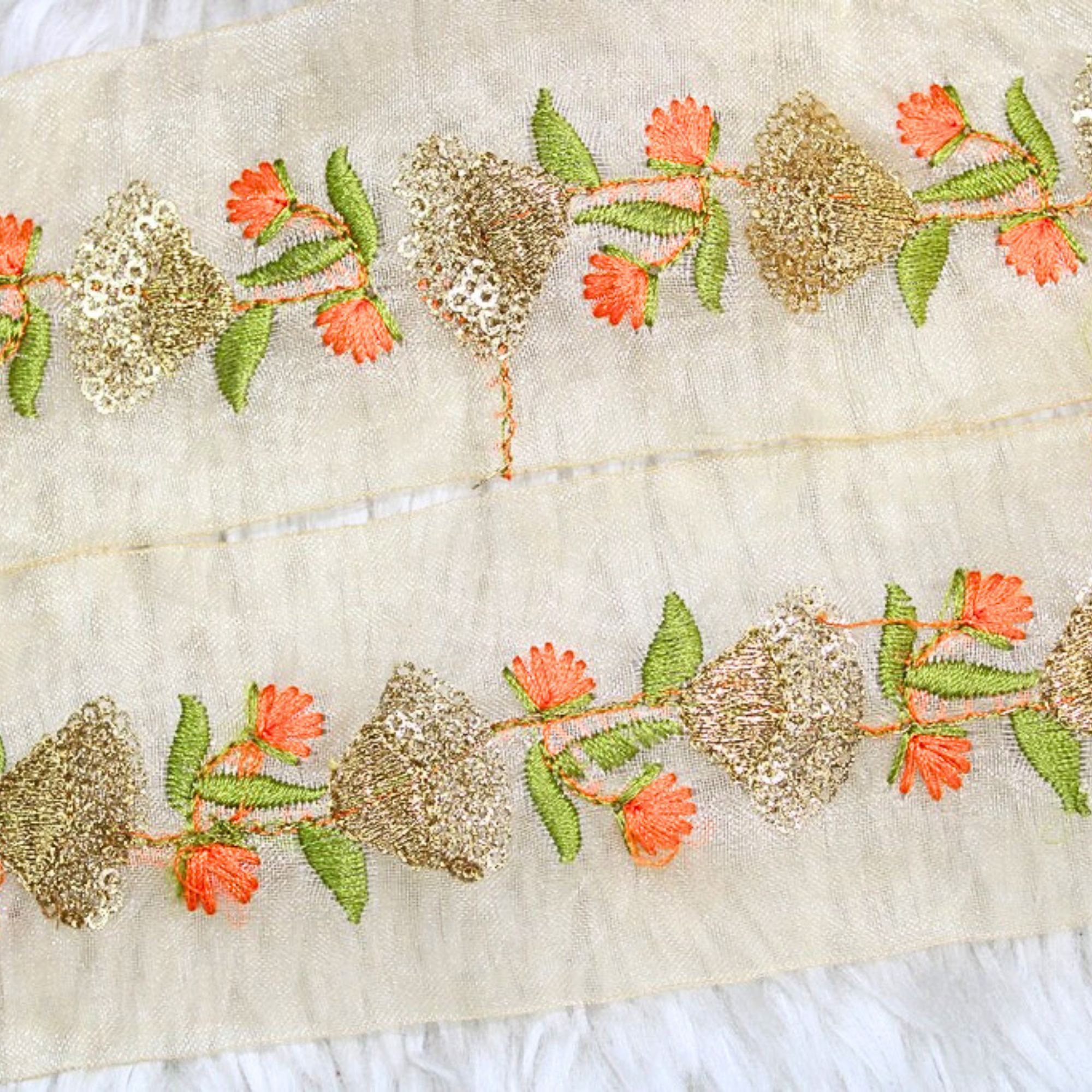 Orange Fancy Zari and Thread Work Embroidered Border