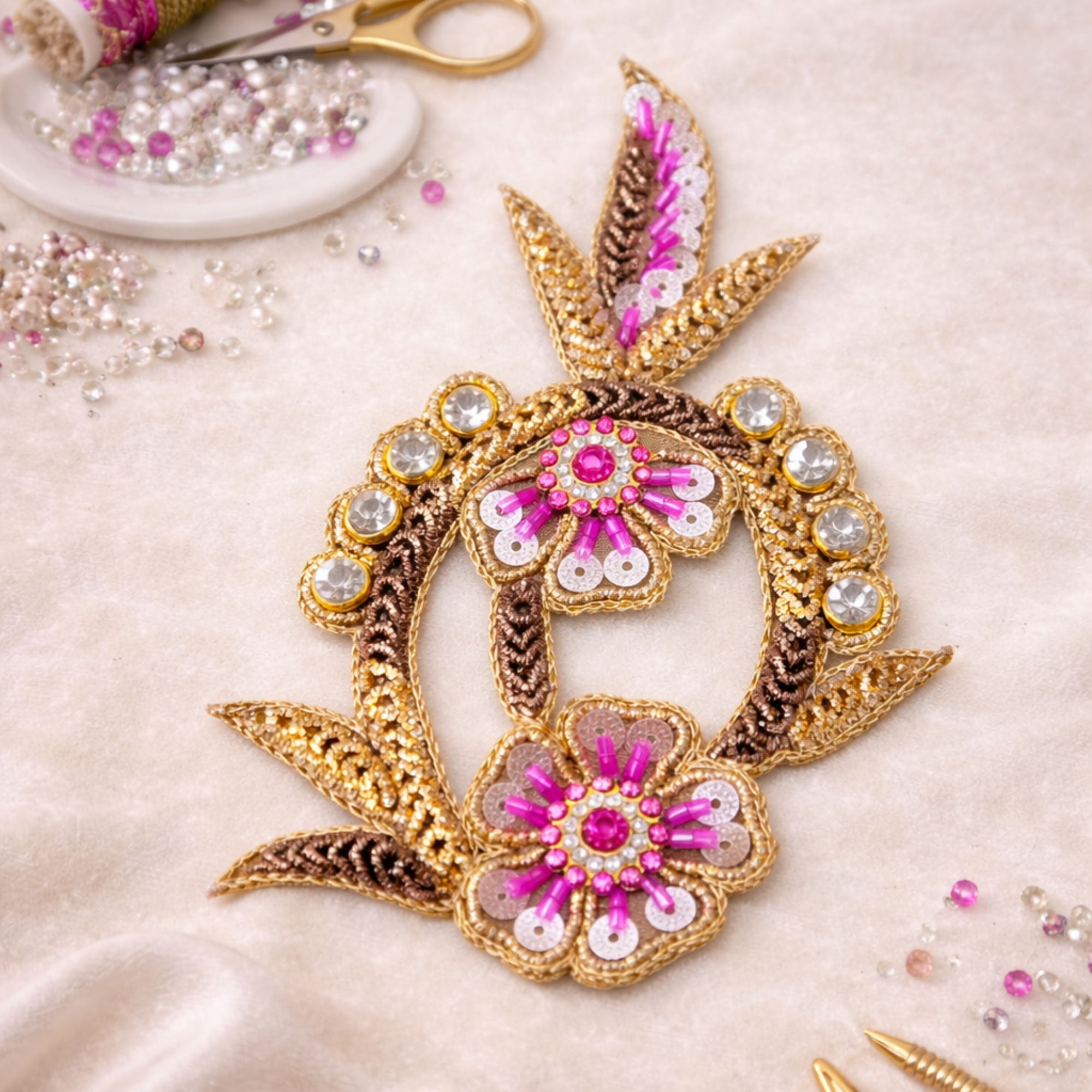 Gold Floral Vine Patch with Pink Stone & Bead Work