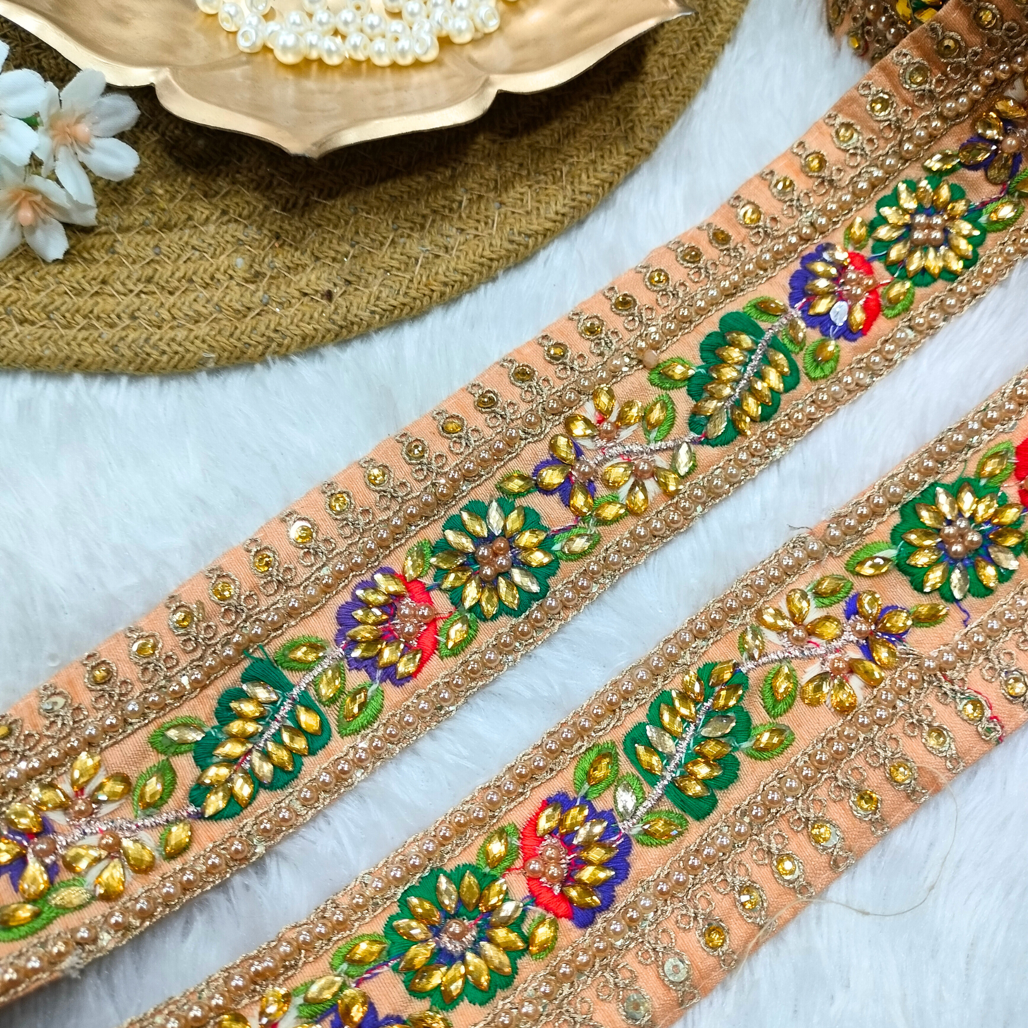 Peach Multi-Colour Embroidered Stone Floral Lace