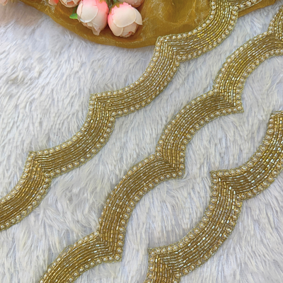 Golden Scalloped Mirror Embellished Handwork Lace hover image