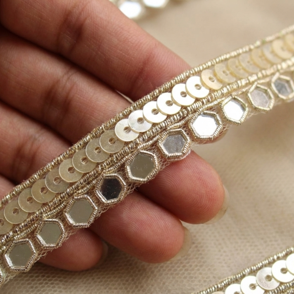 Light Gold Mirror And Sequin Handwork Trim