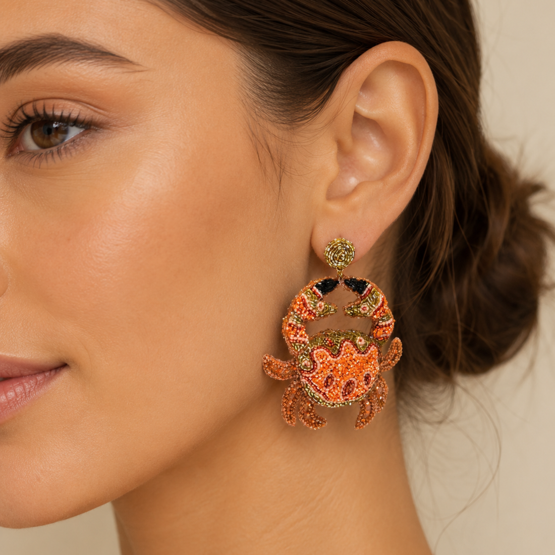 Handcrafted Beaded Crab Motif Statement Earrings