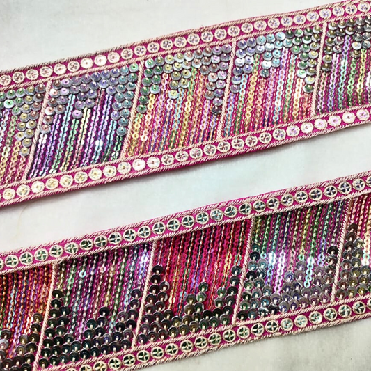 Pink Multicolor Sequin Trim Lace