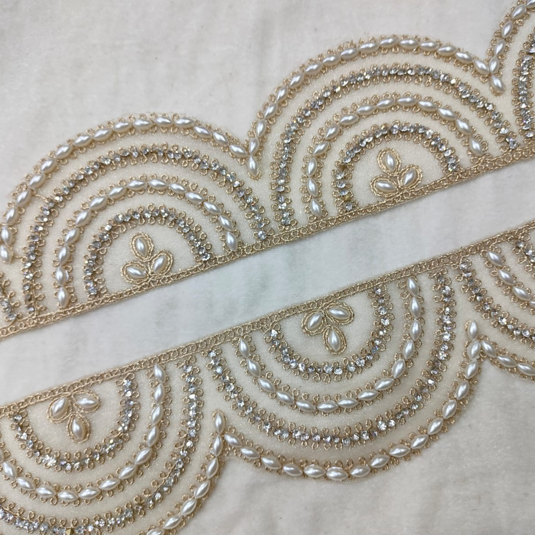 Pearl & Crystal Embellished Scallop Lace Border for Bridal & Designer Wear