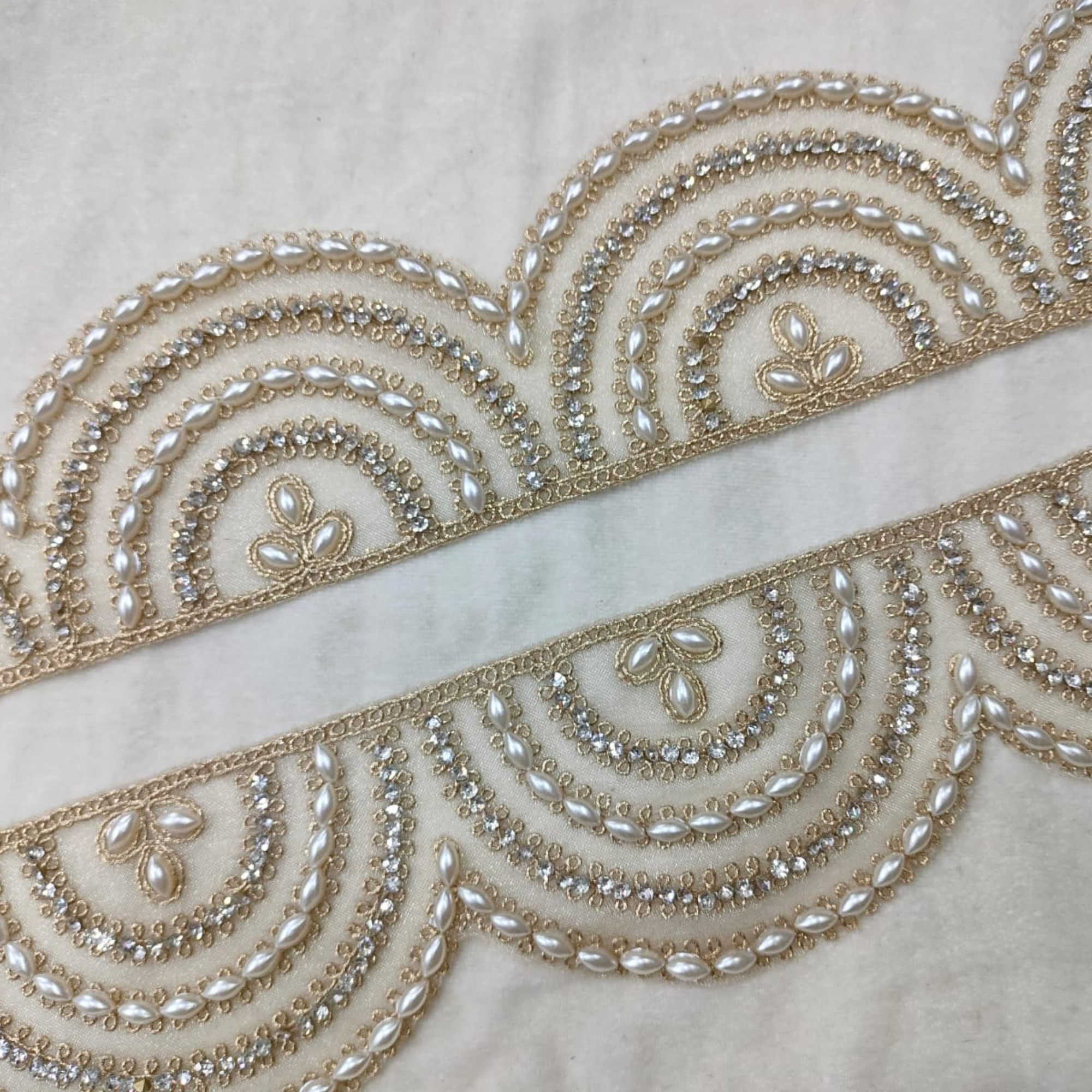 Pearl & Crystal Embellished Scallop Lace Border for Bridal & Designer Wear