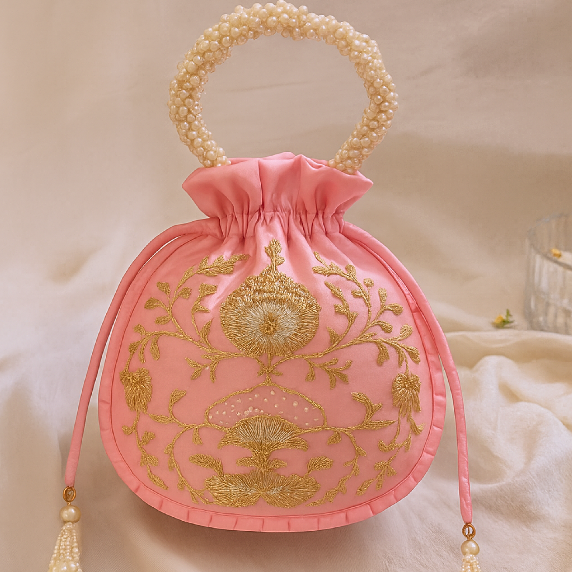 Pink Pearl Blossom Potli Bag