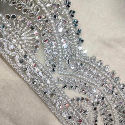 Mirror & Pearl Embellished Scalloped Lace Border for Bridal & Designer Wear