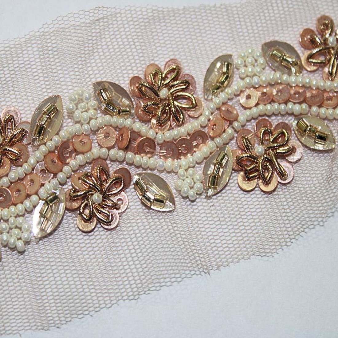 Rose Gold And White Pearl Embellished Handwork Lace