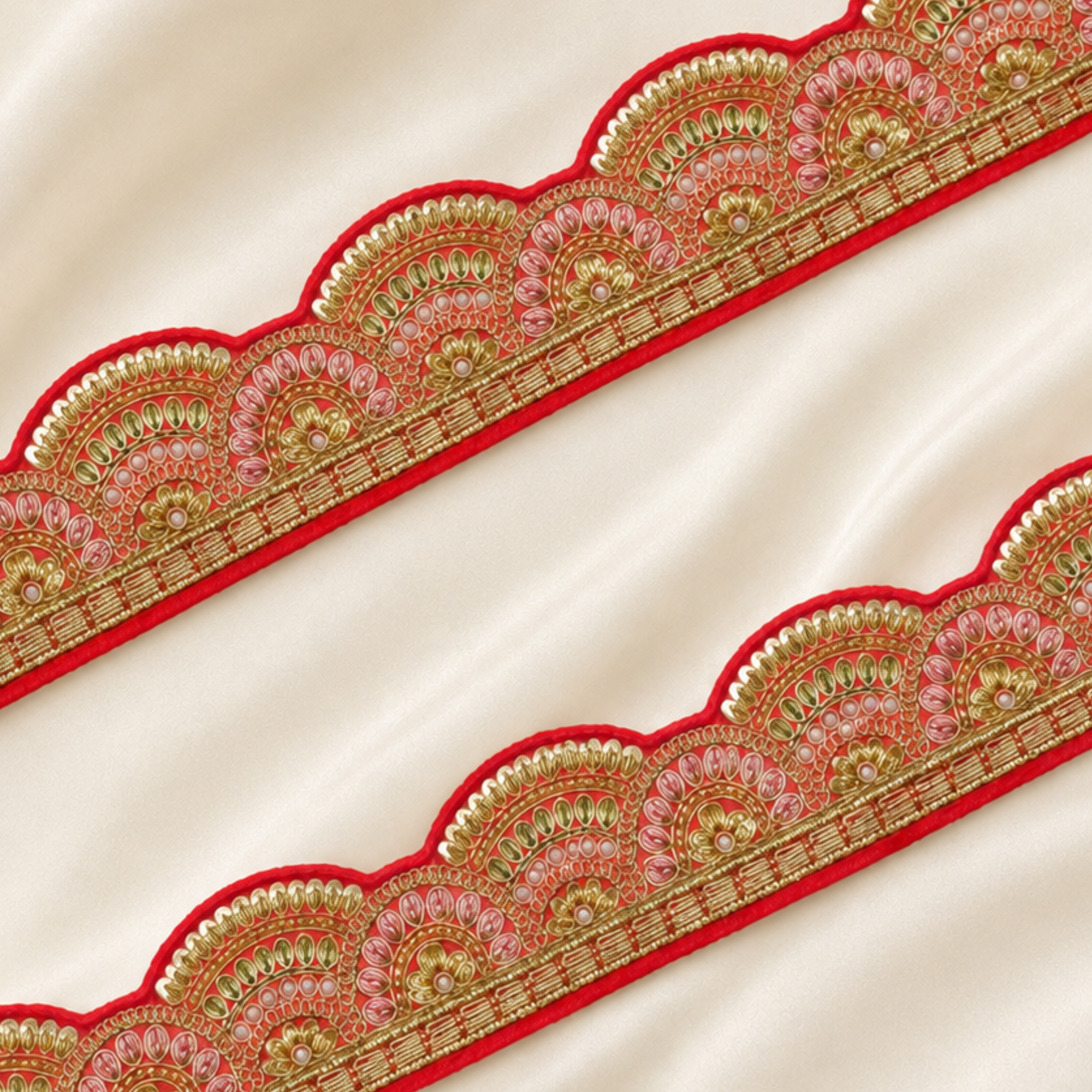 Scalloped Floral Metallic Handwork Wide Lace Border for Bridal & Designer Wear