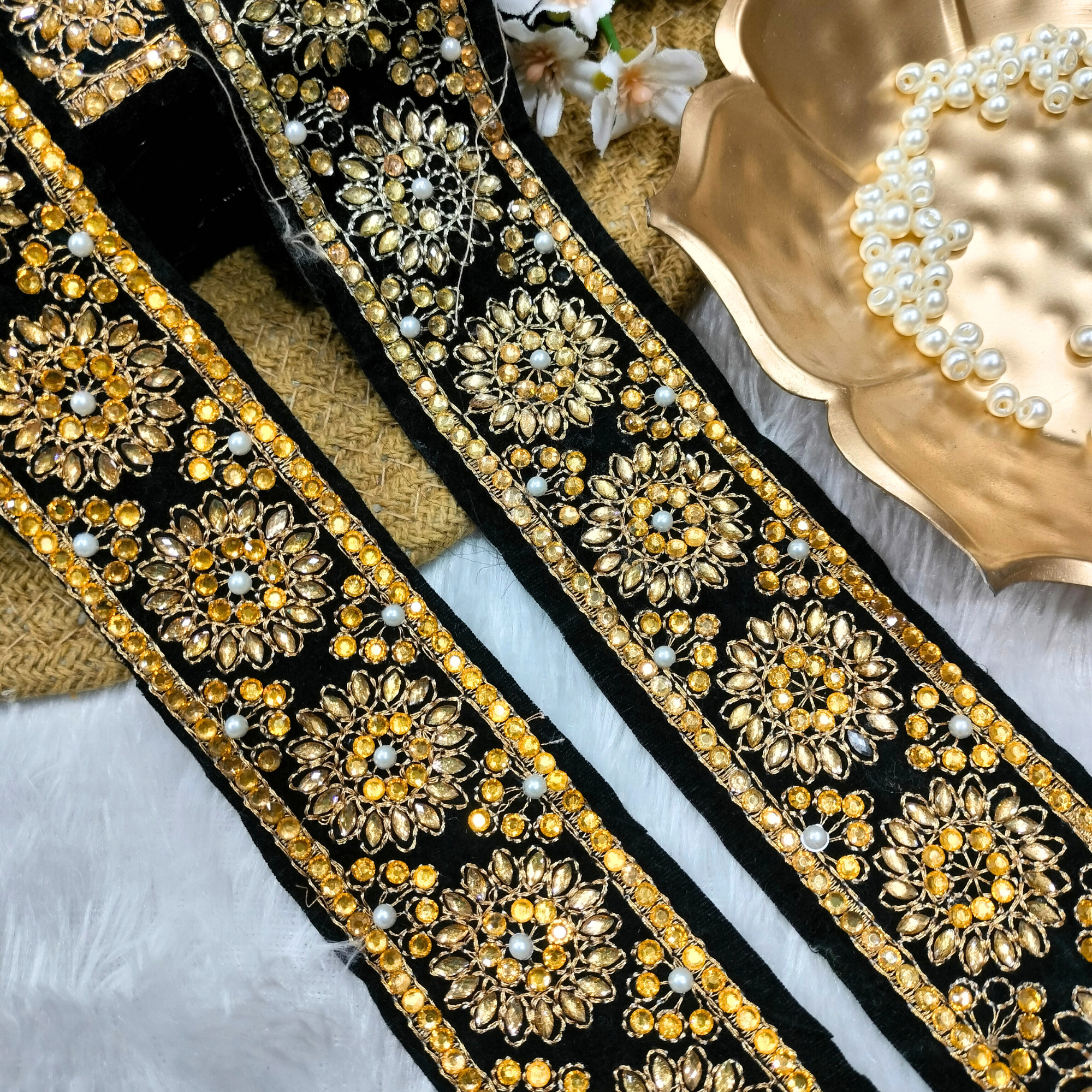 Black Heavy Kundan & Pearl Floral Lace