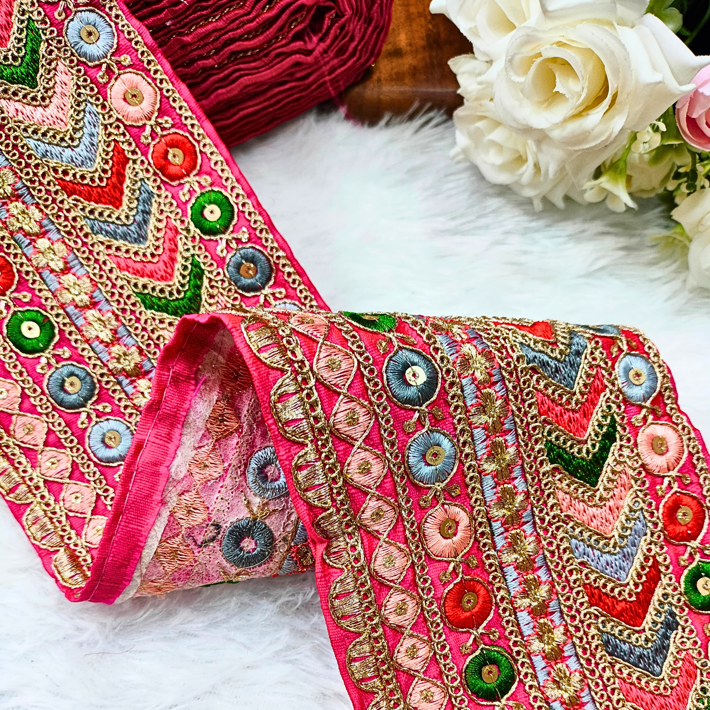 Charming Pink Base Multicolor Embroidery Trim