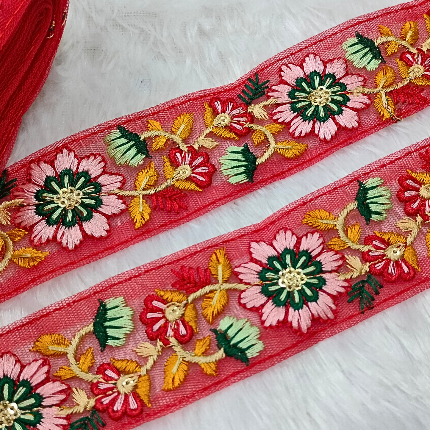 Red Multicolor Embroidered Trim