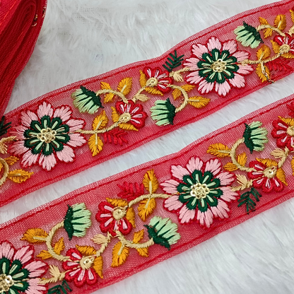 Red Multicolor Embroidered Trim