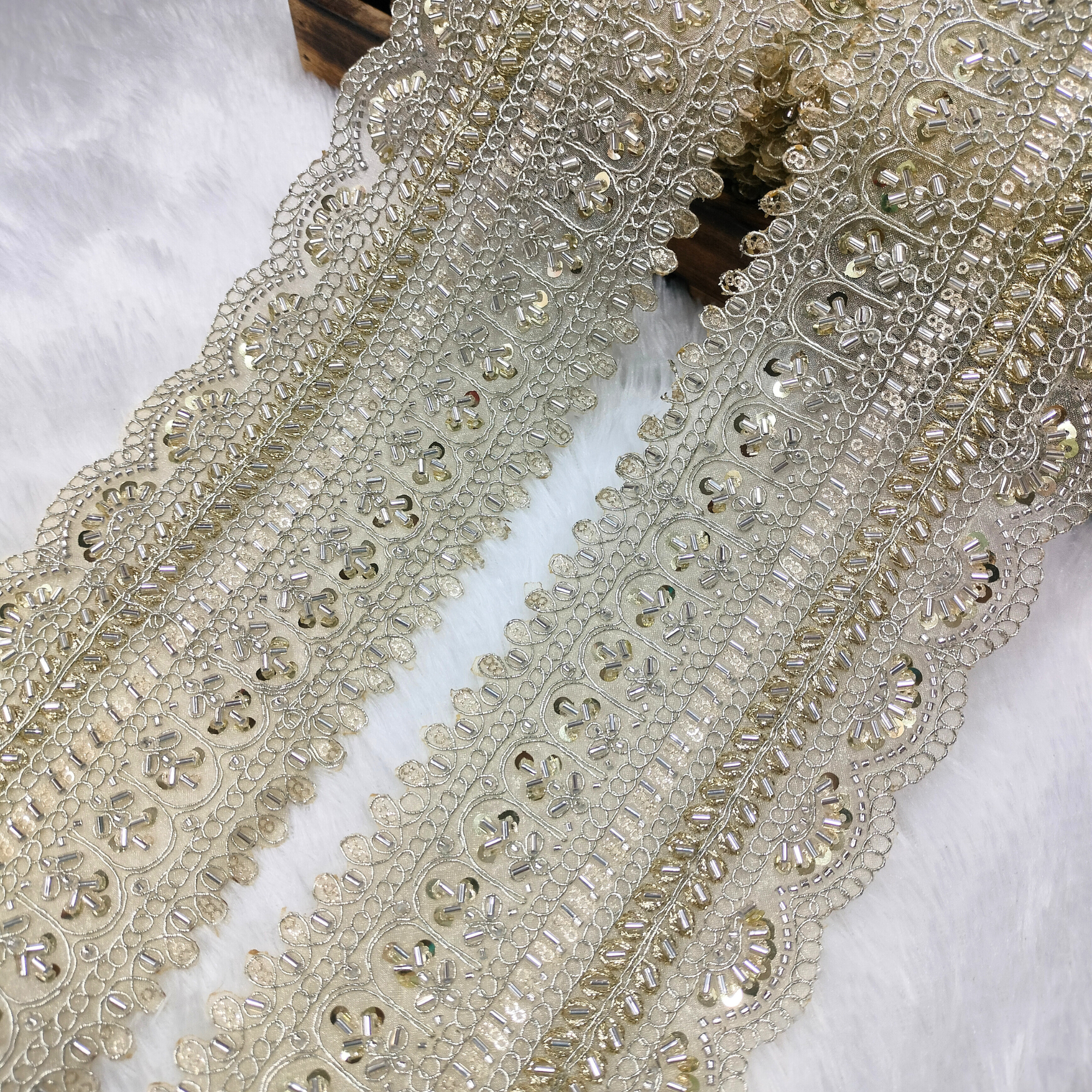 Heavy Embroidered Cutwork Lace Trim with Sequins & Beads