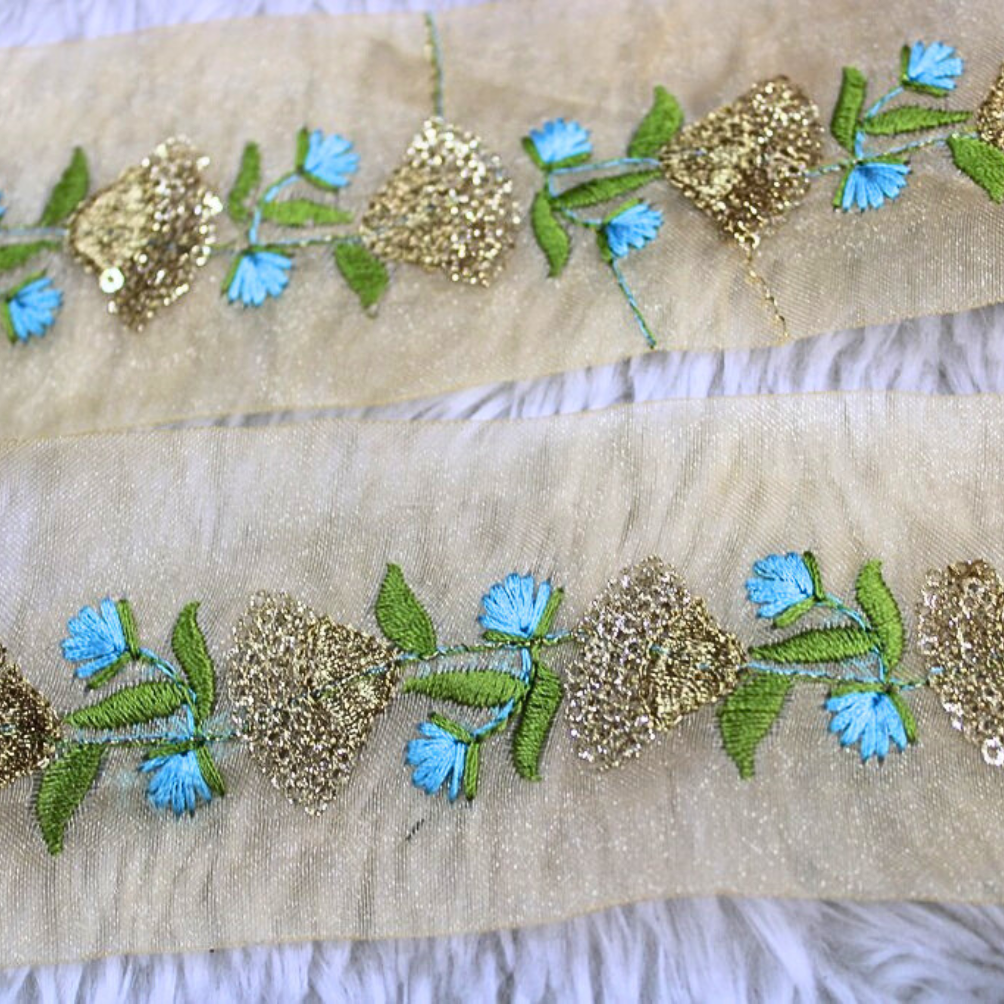 Light Blue Fancy Zari and Thread Work Embroidered Border