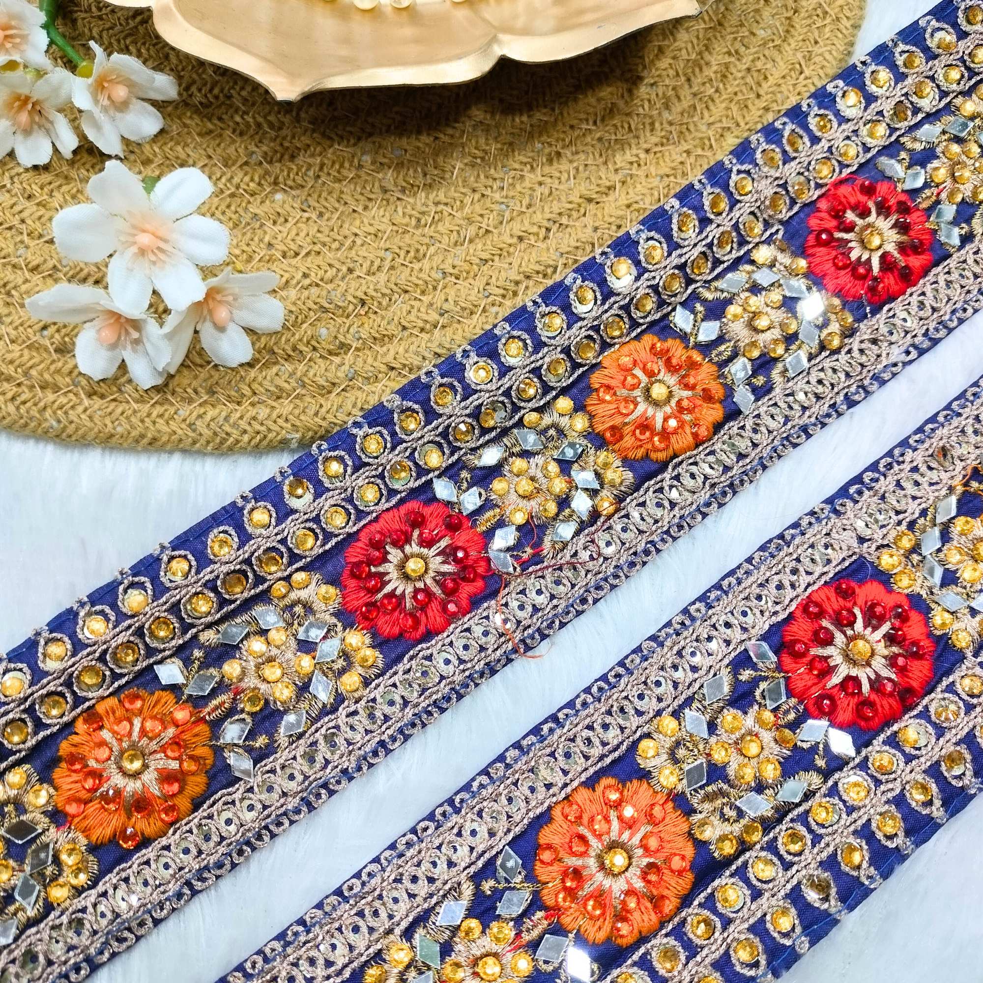 Navy Blue Multicolor Mirror & Threadwork Floral Lace
