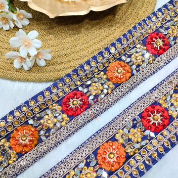 Navy Blue Multicolor Mirror & Threadwork Floral Lace