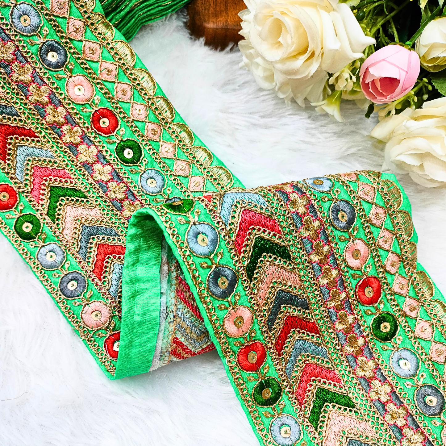 Vibrant Mint Green Base Multicolor Embroidery Lace Trim