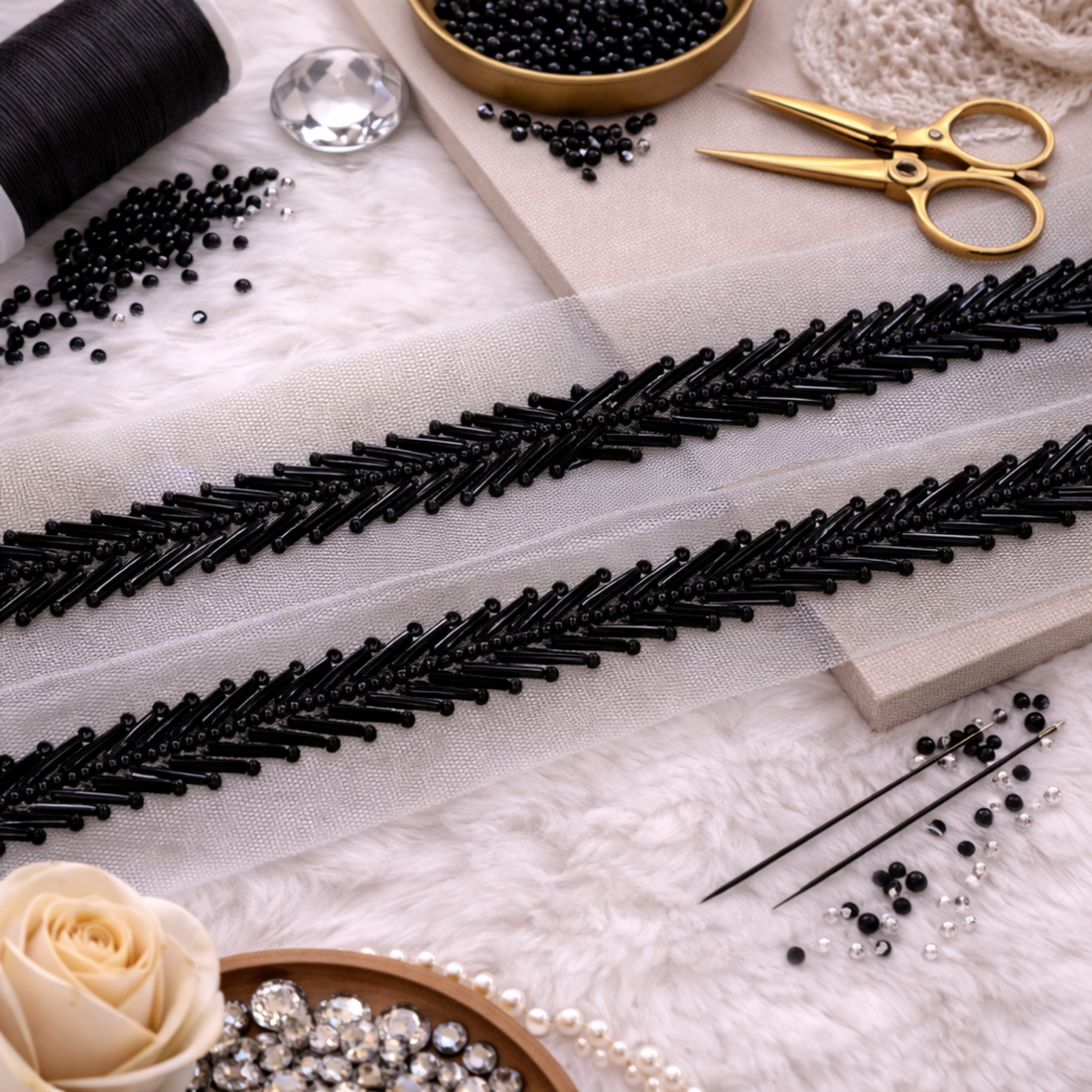 Black Bugle Bead Chevron Lace