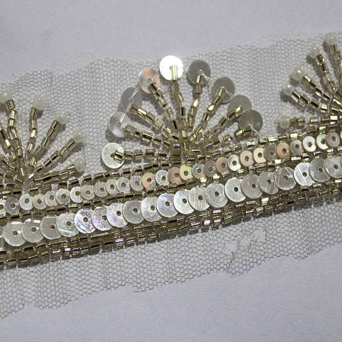 Light Gold Sequin Floral Embellished Handwork Trim