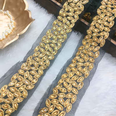 Black Net Golden Marquise Stone Embroidered Lace Trim for Bridal and Designer Wear