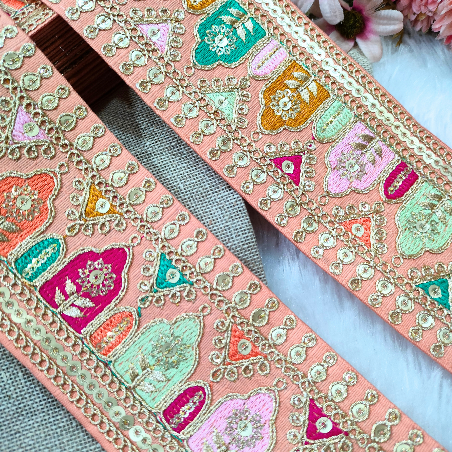 Peach Fancy Embroidery Trim