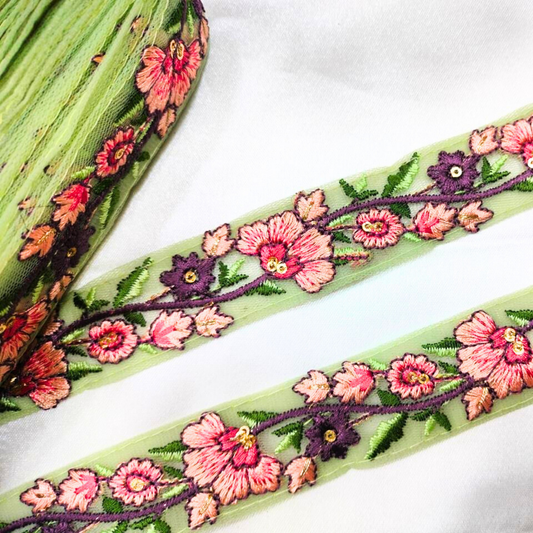 Green Floral Embroidered Trim with Multicolor Accents