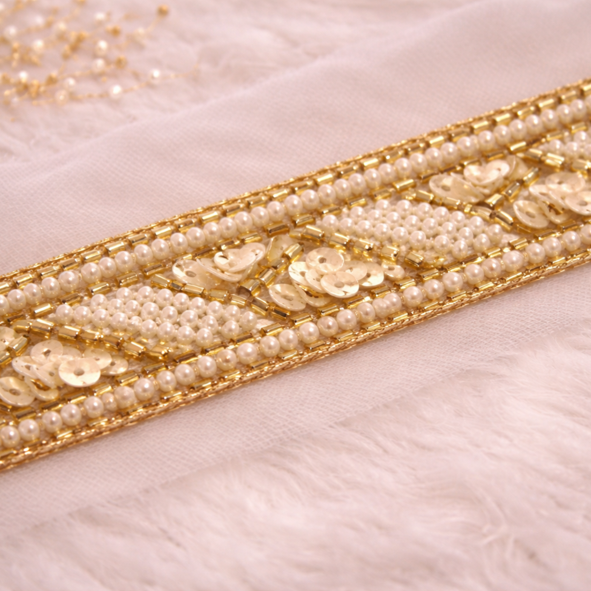 Luxury Gold Handcrafted Pearl, Sequin & Bugle Bead Trim