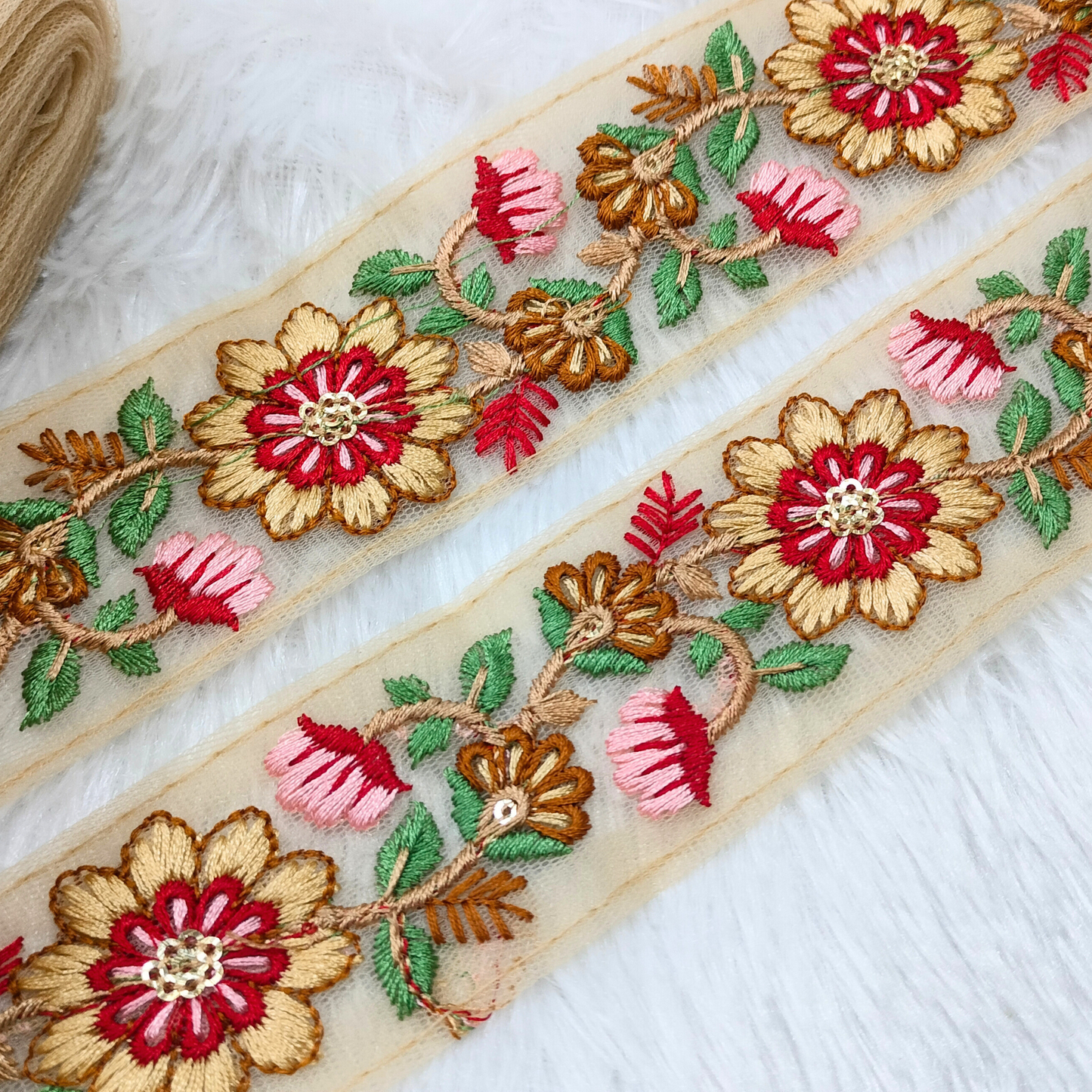 Beige Multicolor Embroidered Trim