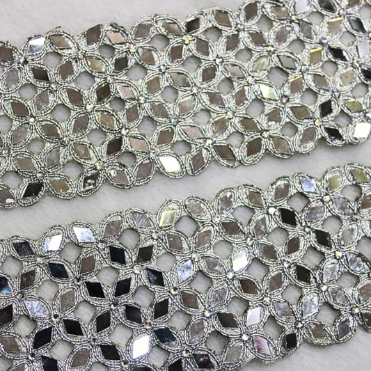 Silver Embellished Mirror Work Lace