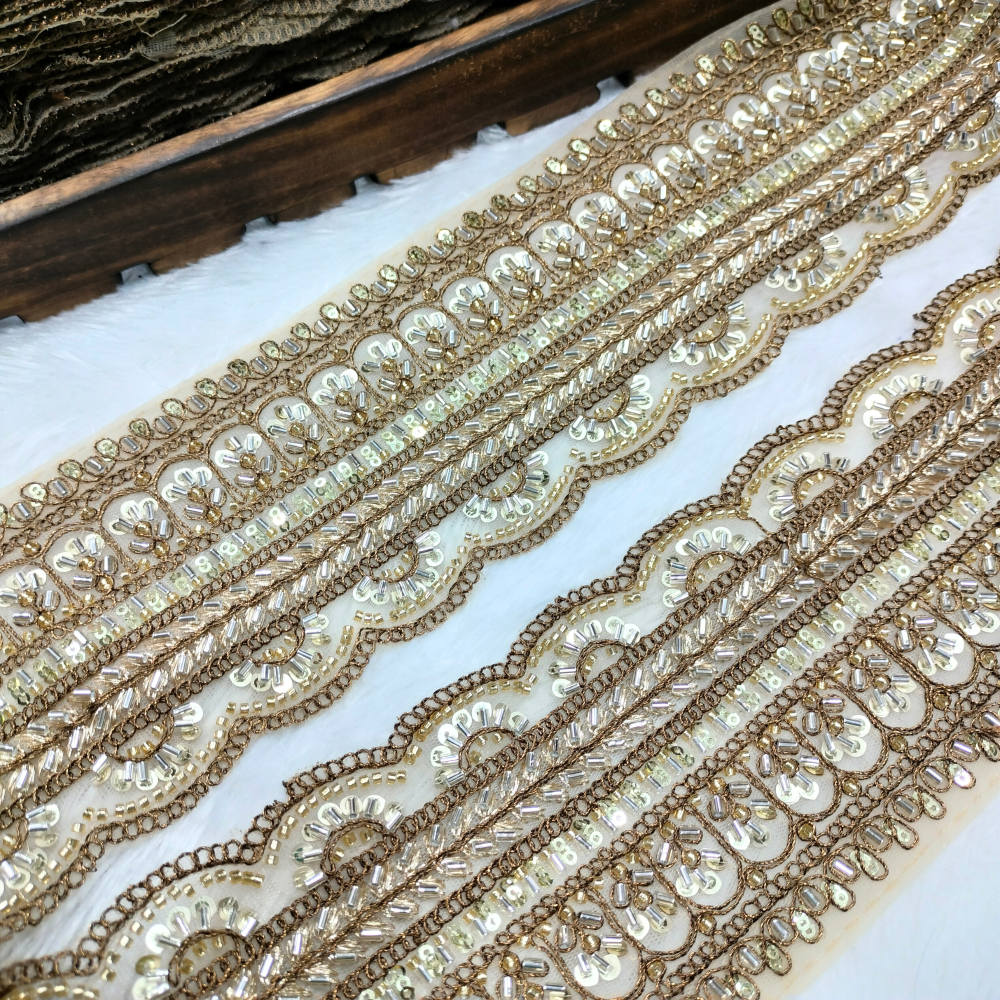 Heavy Embroidered Cutwork Lace Trim with Sequins & Beads